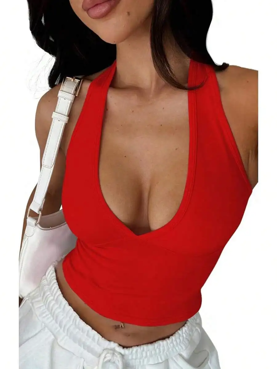 Women's Halter Deep Crop Top Backless Sleeveless Slim Fitted Going Out Summer Top OS8Y