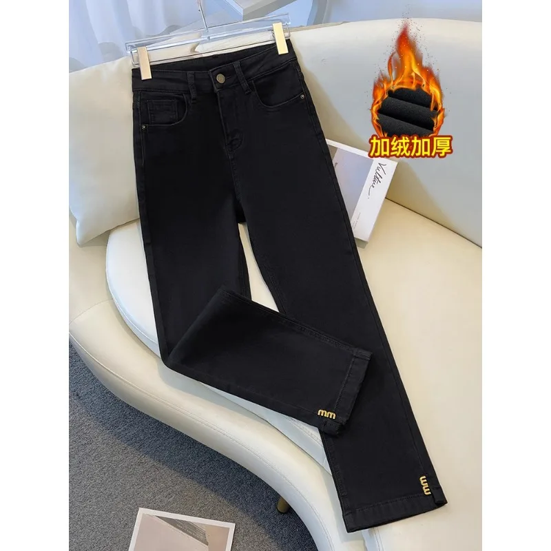 

Black Cigarette Jeans for Women, and Winter, Fleece-Lined, Thickened, Petite, Nine-Point Pants, Warm Straight-Leg Pants