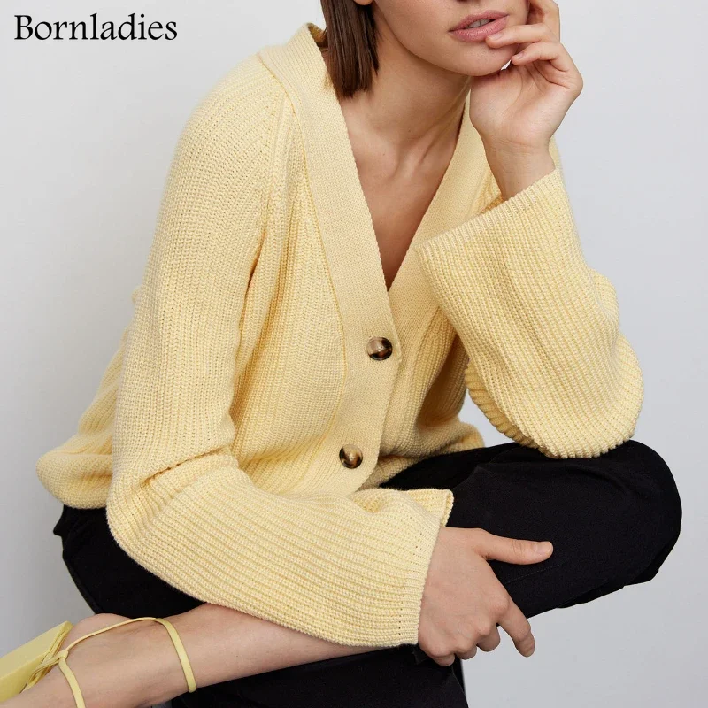 Bornladies Casual V-neck Knitted Loose Cardigan Women Buttons Lantern Sleeve Sweaters Female Basic White Autumn Winter Tops