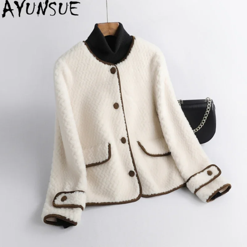 

AYUNSUE Elegant Granular Wool Jacket for Women New Autumn Winter Short Sheep Shearing Coat Round-neck Ladies Coats and Jackets