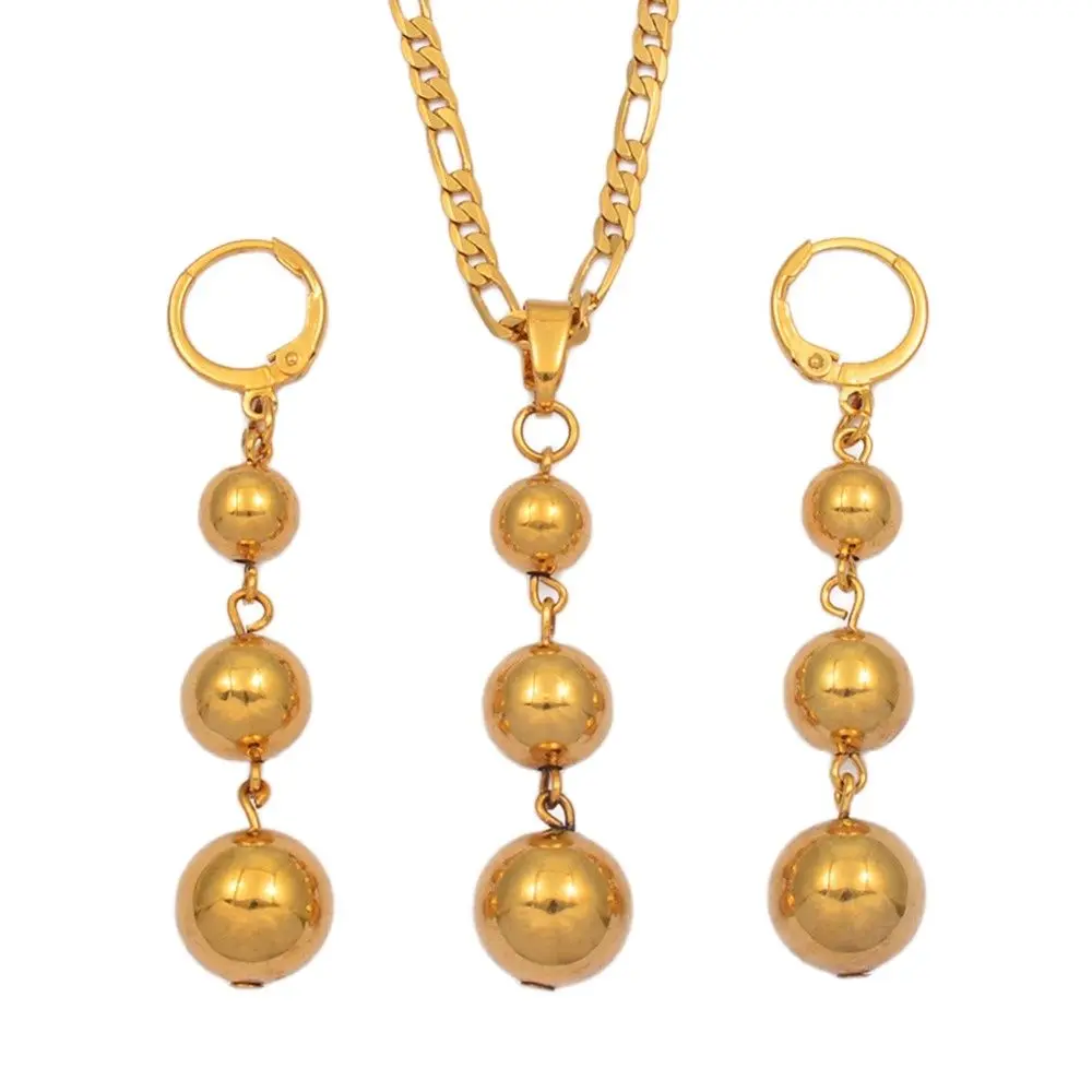 Anniyo Gold Color 3 Ball Jewelry sets Beads Pendant Necklaces Earrings for Women Arab African Ethiopian Jewelry #106406