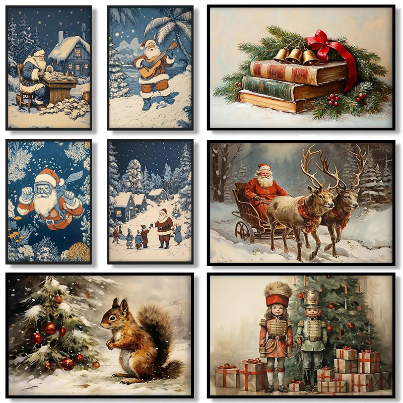 Vintage Snowy Christmas Town Church Santa Claus Winter Posters and Prints Canvas Printing Wall Art Picture for Living Room Decor