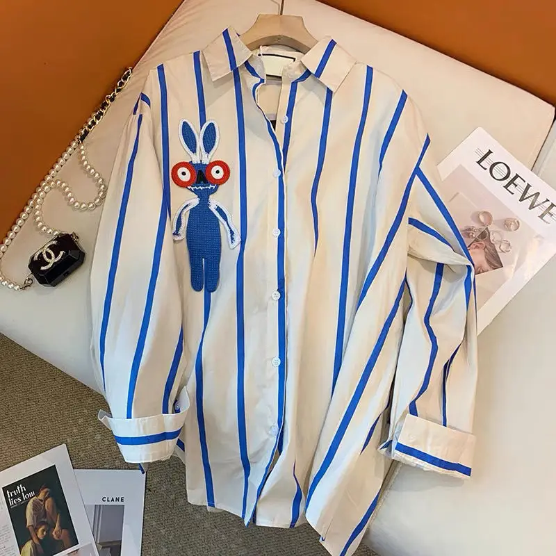 2023 Spring and Autumn Fashion Minimalist Loose Casual Fashion Brand Design Sense Contrast Blue Stripe Rabbit Versatile Shirt