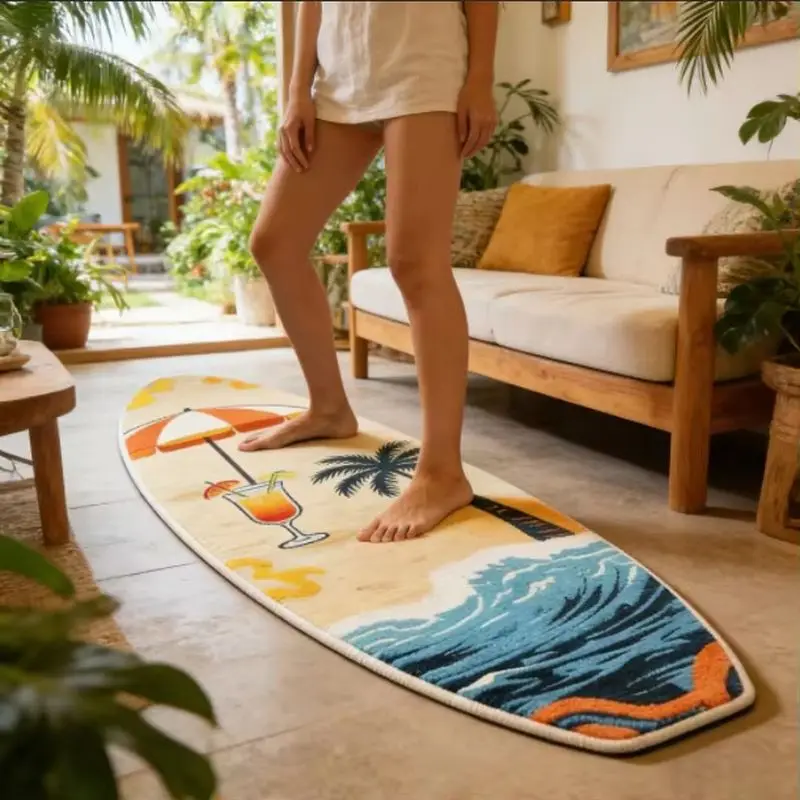 VIKAMA Sunset Ocean Surfboard Plush Rug Non‑Slip Quick‑Dry Coastal Leisure Floor Mat For Balcony Teen Home Decor