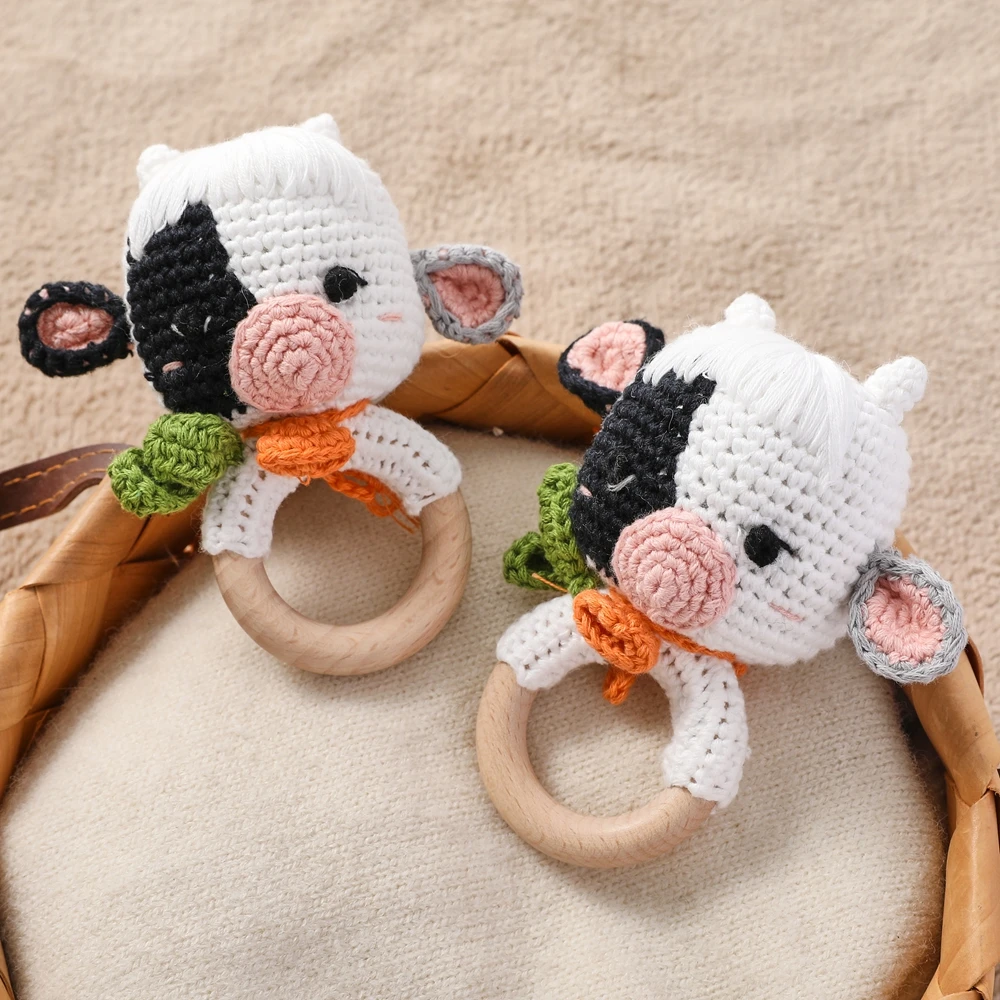 

Baby Rattle Wooden Ring Teether Handmade Crochet Sheep Soft Plush Sensory Toy for Newborn Infant Early Development Shower Gift