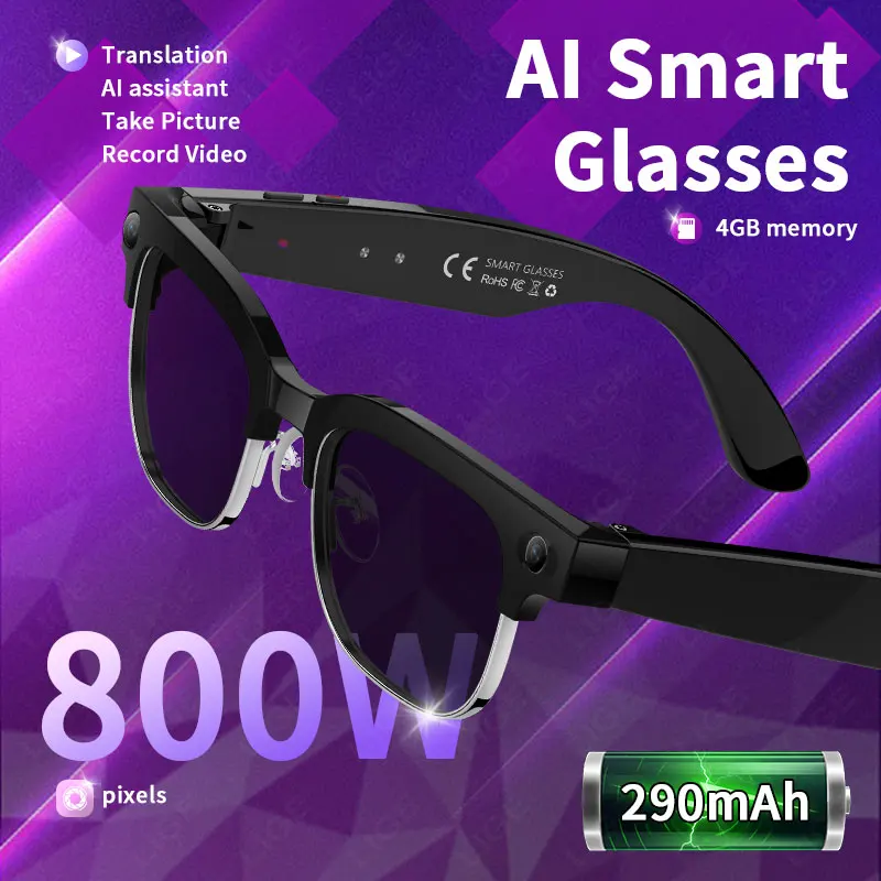 

4K HD Camera Glasses Translator AI Glasses Video Recording BT Call Music Glasses Waterproof Sport Bluetooth Smart Sunglasses Men