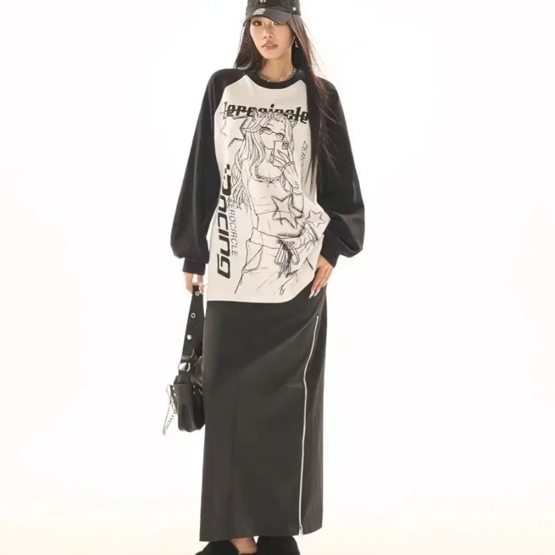 White Black Casual Women Tops Autumn 2024 Fashion Anime Japanese Harajuku Subculture Shirts Y2k Chic Basic Loose Sweatshirts