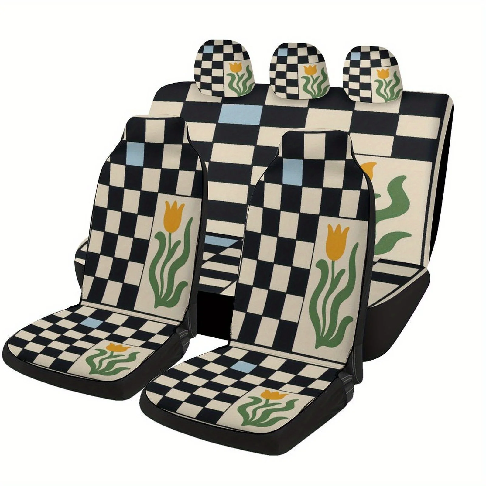 Checkerboard Tulip Designed Car Seat Cover Set For Most Cars, Trendy Novelty High-quality Car Seat Protector Covers Full Set, Un