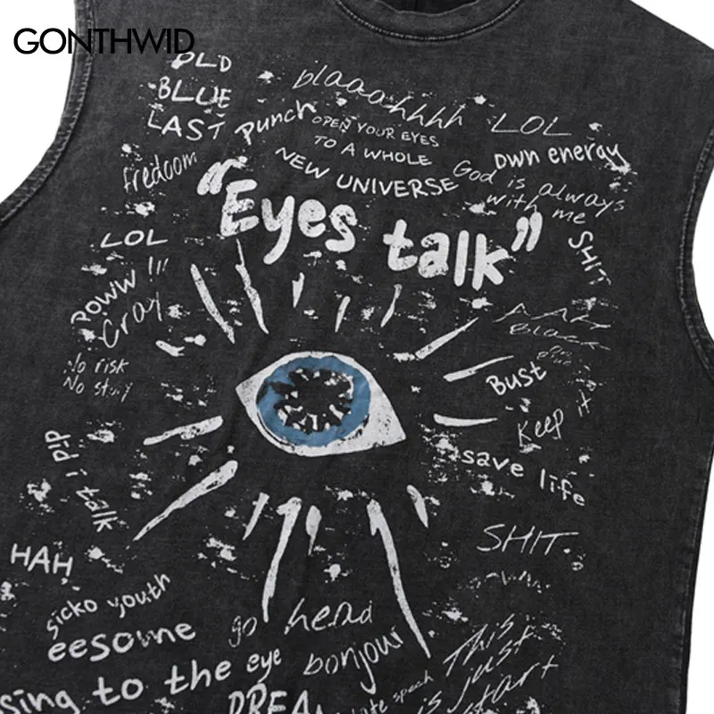 Vintage Tank Tops Streetwear Hip Hop Graffiti Letter Eye Graphic Print Sleeveless T-Shirt Y2K Men Harajuku Punk Washed Shirts