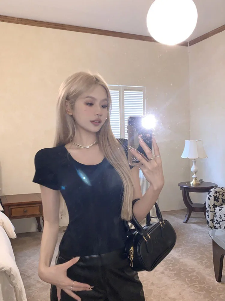 Black Sexy Short Sleeve Mesh T-Shirt Women's Slim Fit Back Transparent Tight  Top Commute Style Korean Version Summer