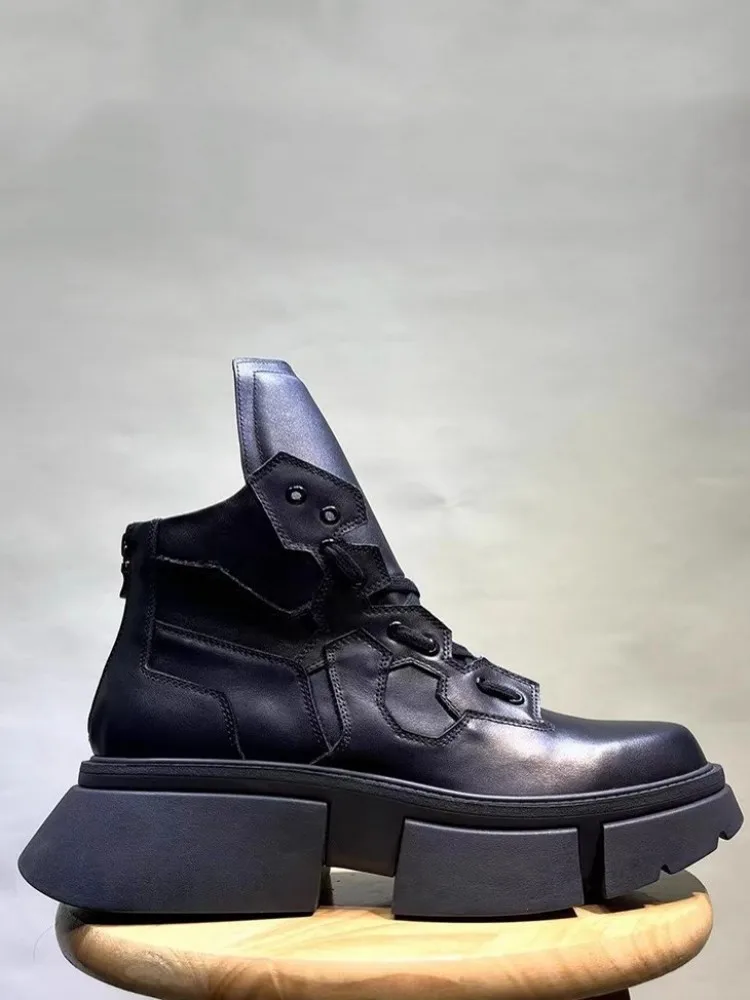 Thick Bottom Mens Genuine Leather Boots Round Toe Designer Runway Platform High Top Shoes Fashion Hip Hop Casual Men Short Boots