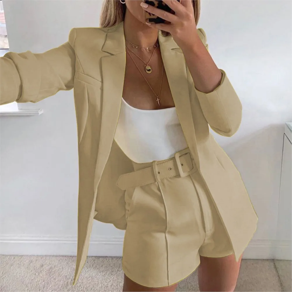 Abito moda donna Set due pezzi Cardigan a maniche lunghe con risvolto Top + pantaloncini 2025 Abito sexy primavera e autunno Casual Office Ladies