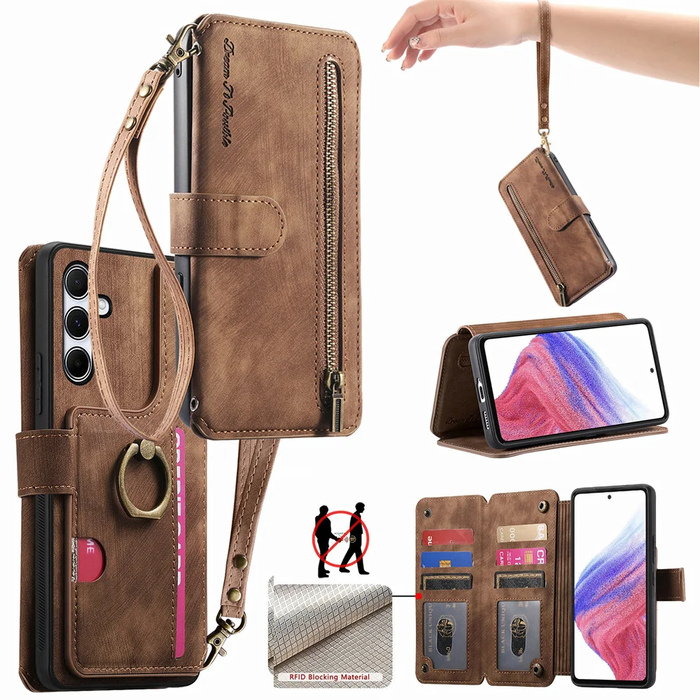 Correa para la muñeca con cremallera para tarjetas Solt, funda de teléfono con soporte de anillo de cuero para IPhone 17 Air 16E 16 15 Plus 13 12 14 11 Pro Max