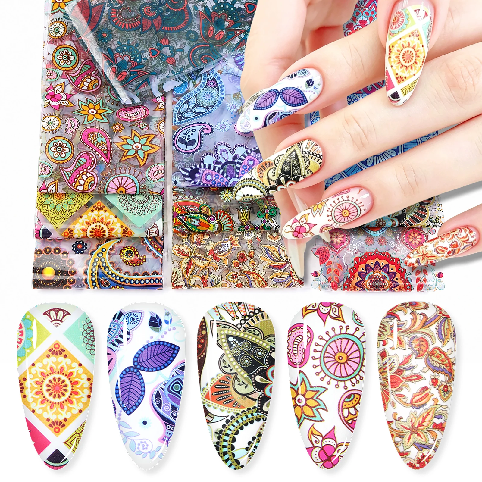 10 Stück/Beutel Bohemian Paisley Mandala Nagel-Transferfolien-Aufkleber Vintage Ethnische Blumen Nagelkunst-Dekorationszubehör für Salon DIY