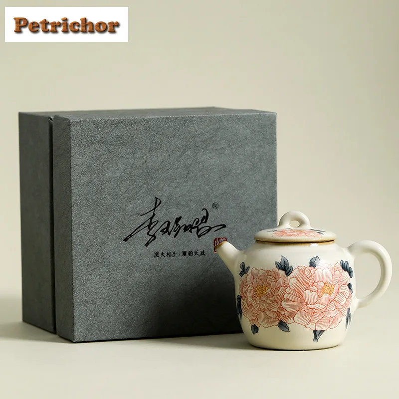 

105ml Ru Kiln Off-white Lard Jelly Peony Flower Teapot Elegant Tea Infuser Pot Tea Soaking Kettle With Ball Hole Tea Ceremony