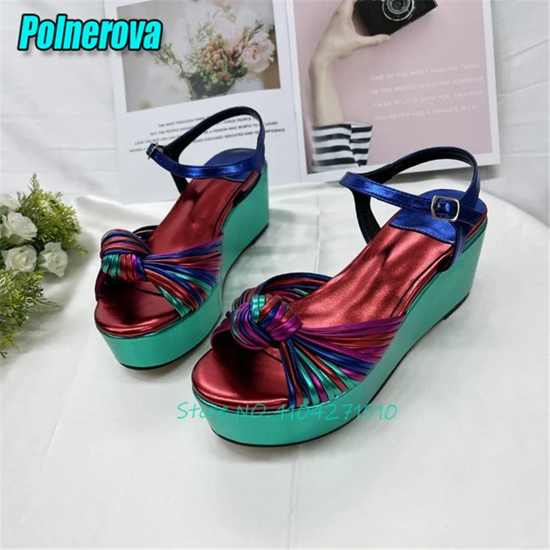Colorful Woven Bowknot Platform Sandals for Women Designer Open Toe Ankle Buckle Wedges High Heels Summer New Party Dress Shoes