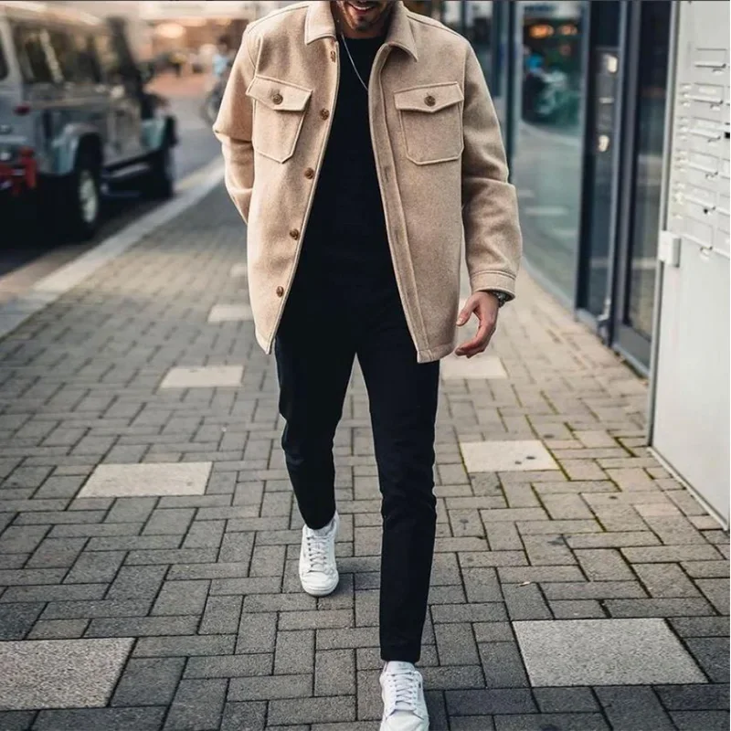 

Men's Jacket Autumn Winter 2023 New Youth Casual Woolen Coat Long Sleeve Single Breasted Pockets Outerwear Cardigan Male Tops