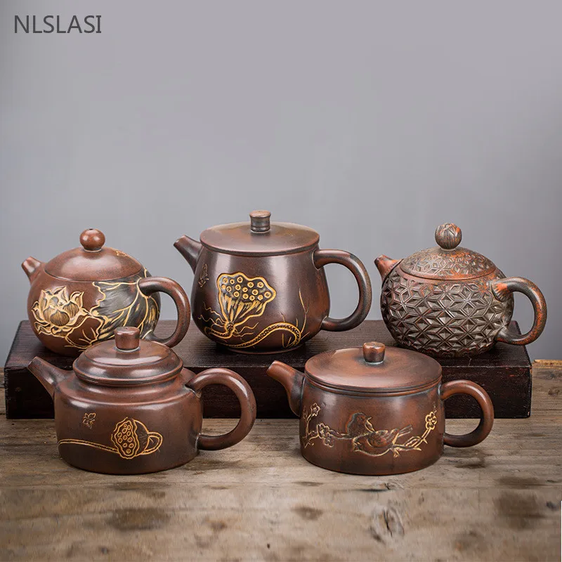 High Quality Crude Pottery Tea Pot Hand-embossed Lotus Filter Kettle Chinese Ceramic Tea Accessories Custom Beauty Teaware