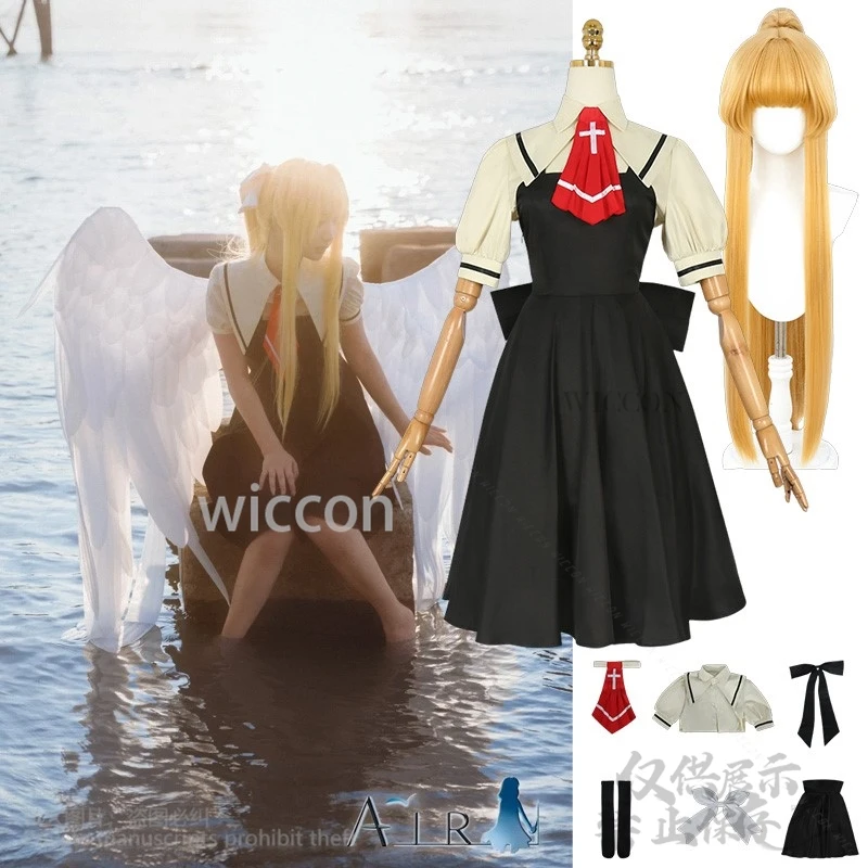 

Anime Game AIR Cosplay Kamio Misuzu Costume Black Kawaii Jirai Kei Dress Lolita Angel Cos Wigs For Girls Woman Party Customized