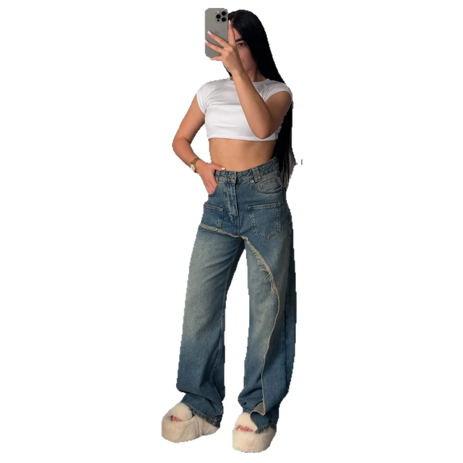 American Retro Chic Style High Waist Classic Washed Jeans Women Hem Patchwork Designer Flared Wide Leg Pants