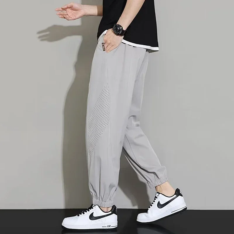 

Male Quick Dry Loose Sweatpants Bunched Feet Ankle Length Casual Trousers Men Summer Trendy Brand Versatile Thin Ice Silk Pants