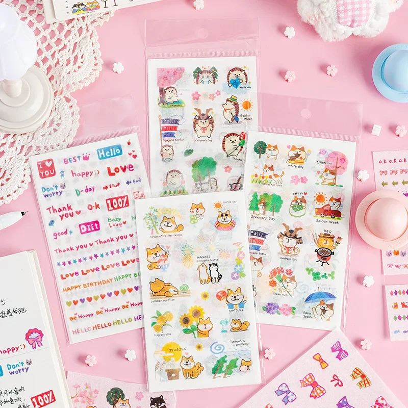 4 Sheets Scrapbook Stickers Set Cute Small Pink Animals Transparent Calendar Diary Book Sticker Scrapbooking Decorative Stickers