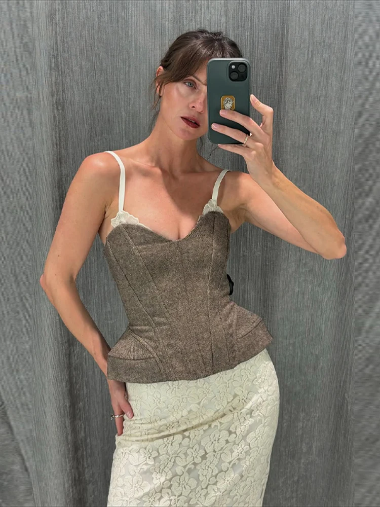 Sexy Sling Fishbone Top Women V Neck Backless Patchwork Lace Zipper Tops Female 2026 New Chic Fashion Party Evening Corsets Lady
