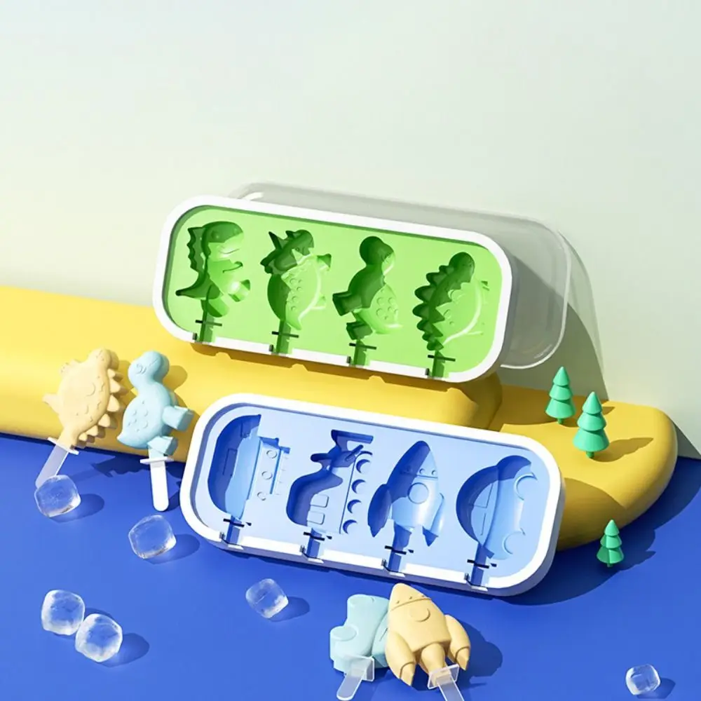 2PCS Silicone Dinosaurs Ice Cream Mold with Lid and Stick Easy To Demold Ice-lolly Maker Cartoon Dust-proof