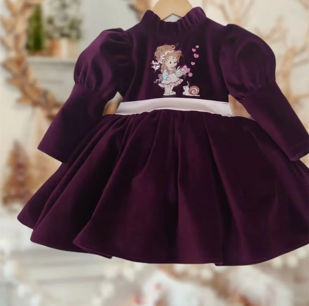 0-12Y Baby Girl Autumn Purple Velvet Girl Embroidery Turkish Vintage Princess Ball Gown Dress for Birthday Holiday Eid