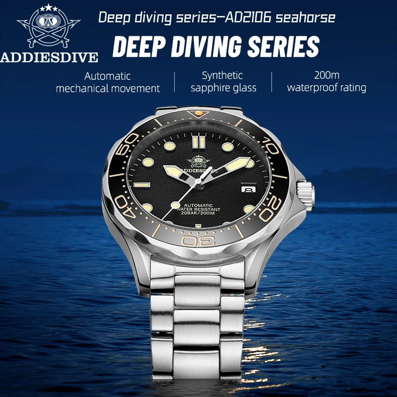 ADDIESDIVE New Men Watch Automatic Sapphire Glass NH35 Steel Ceramic Bezel Super Luminous 200meters Waterproof Mechanical Watch