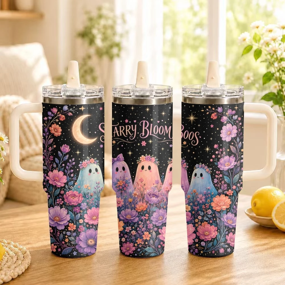 Midnight Flower Boos Cute Cartoon Vacuum Flasks 40oz Thermal Tumbler Handle Stainless Steel Insulated Water Portable Mug Cup
