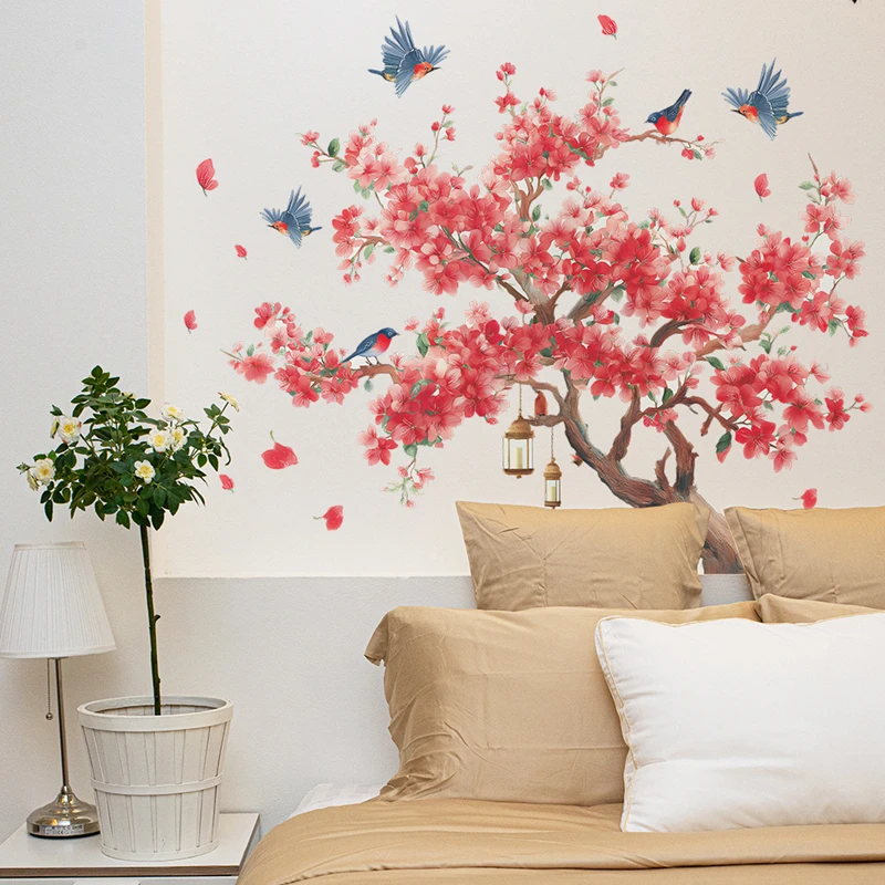 Lucky Big Peach Blossom Tree Joyous Magpies Vinyl Wall Stickers for Living Room Bedroom Prosperity Romantic Home Decoration