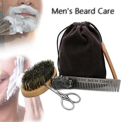 Conjunto profissional de escova de barba para homens, barbearia, pente dupla face, modelagem Kit de limpeza, ferramentas de barba de madeira com bolsa