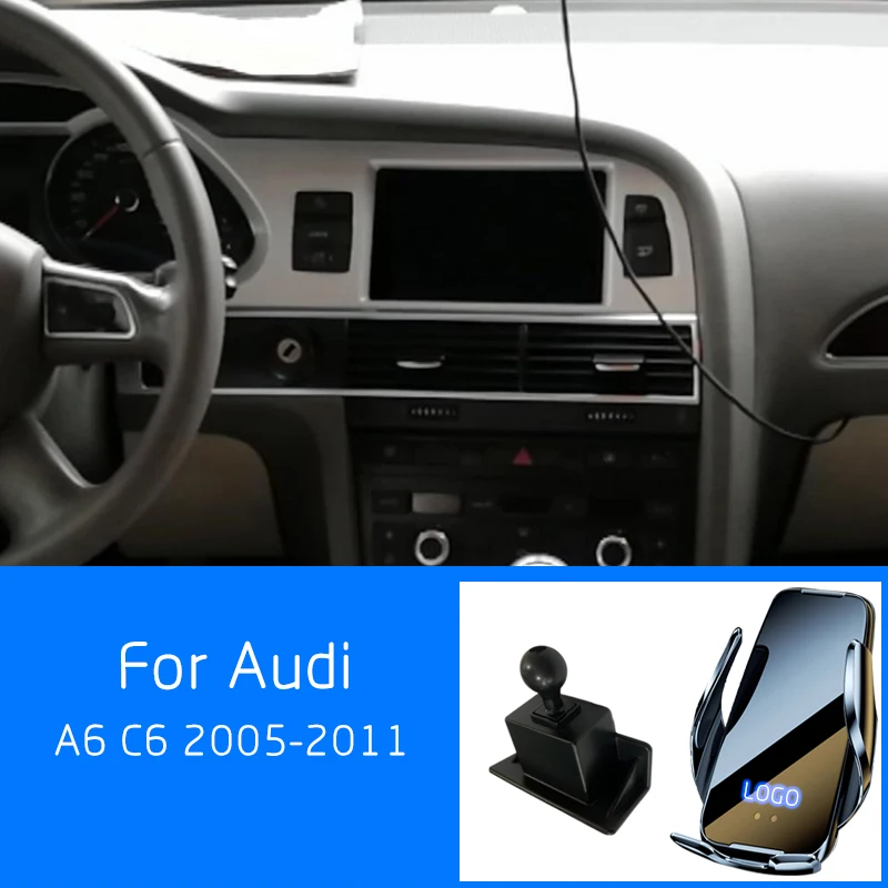 For Audi A6 C6 2005-2011 Car Mobile Phone Wireless Charging GPS Navigation Sensor Bracket Automatic Locking Luminous LOGO