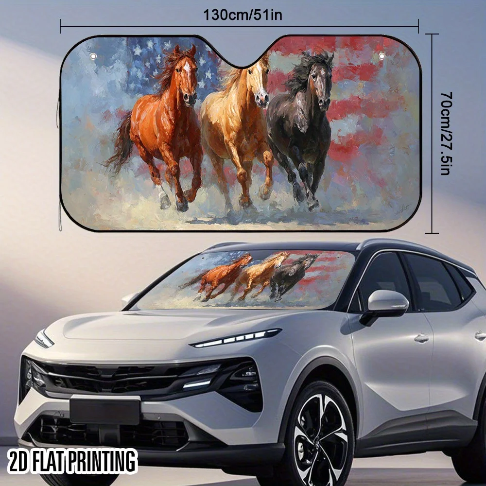 1pc 2D Flat Freedom Flag Horses Print Car Sunshade with 4 Suction Cups High-Quality Foldable Car Sun Visor