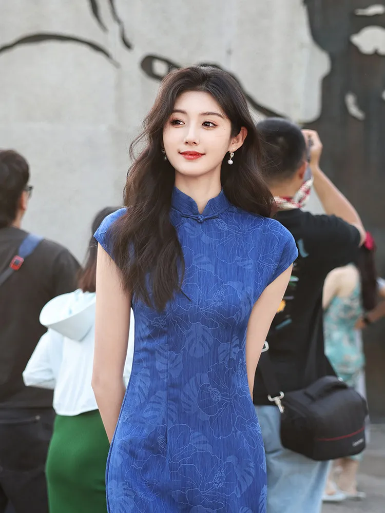 

Blue New Chinese Style 2026 New Summer Small Size Improved Retro Old Shanghai Dress Women Younger Vintage Dress