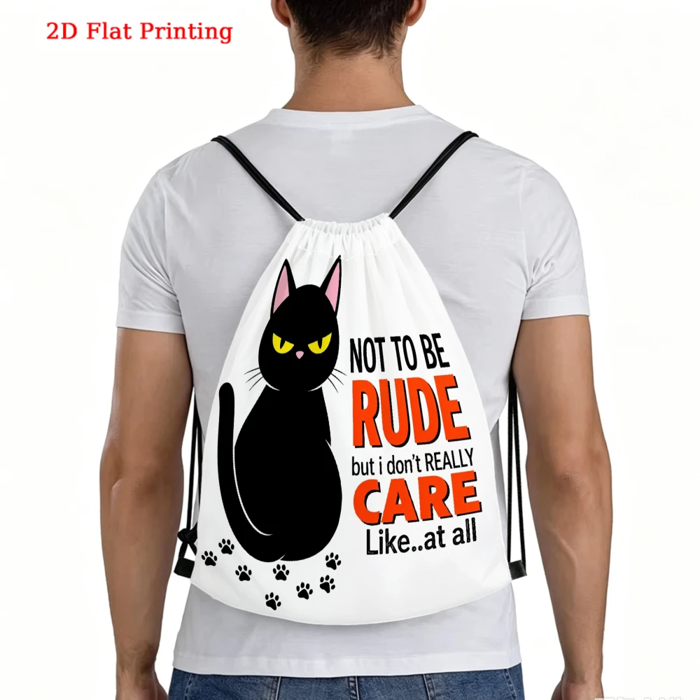 Black Cat Rude Care Print Drawstring Backpack, Travel Shoe Bag, Fitness Sports Backpack, Travel Outdoor Drawstring Bag