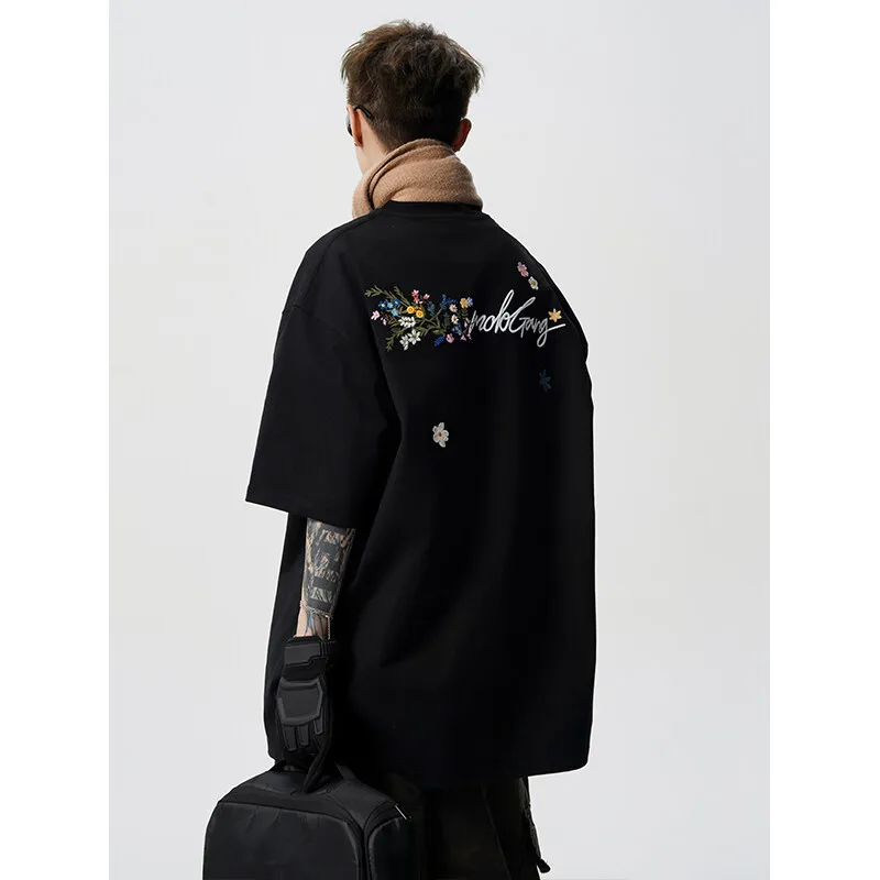 Back Floral Embroidery T-shirt Men's Summer Short-sleeved T-Shirt Retro Street Shooting Couple