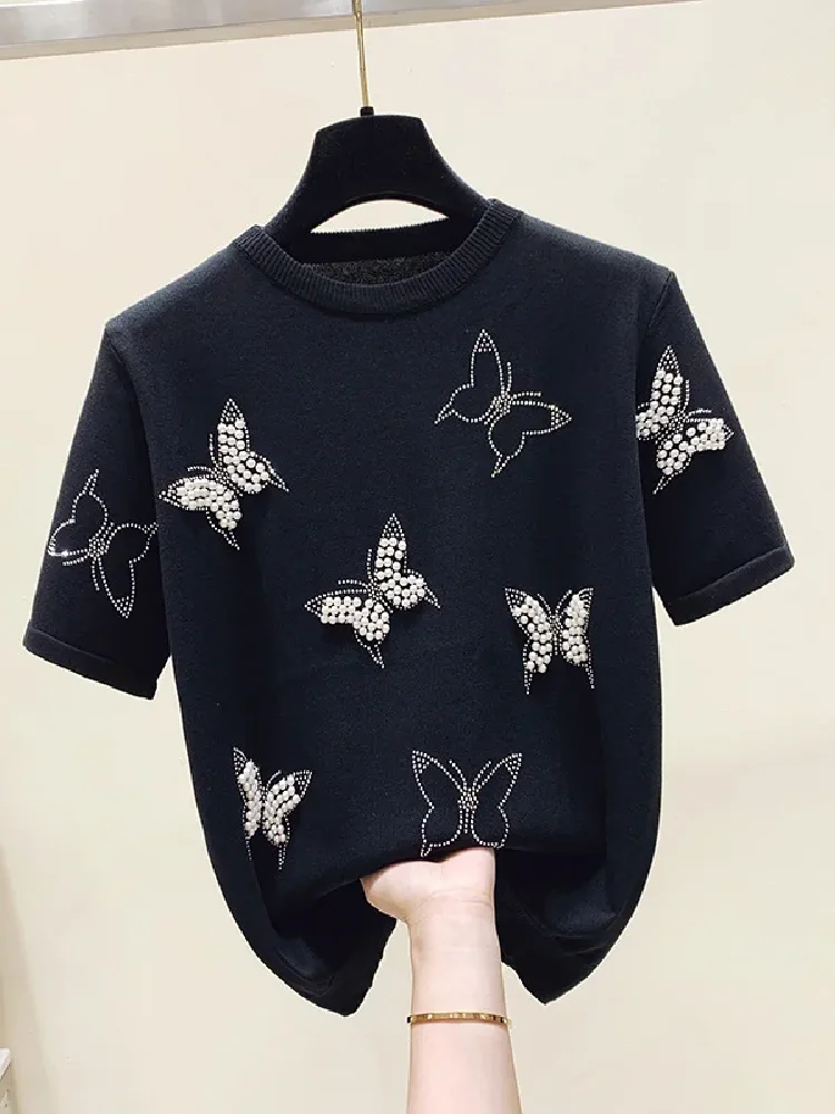 T-Shirts Women Casual Knitted Beading Solid All-match Korean Fashion Popular Streetwear Summer Short-sleeved Tops Harajuku Ins