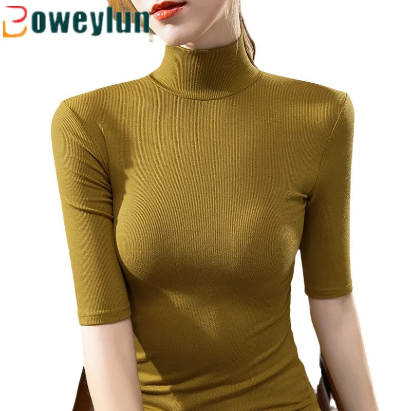 

Boweylun Threaded Solid High-Neck Mid-Sleeve Bottom Shirt Comfortable Breathable Waisted Stretch Slimming T-Shirt Top Women