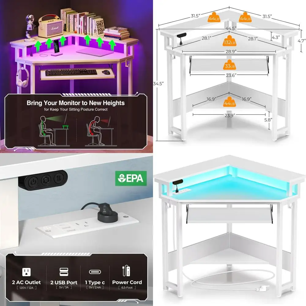Corner Desk, 44.5" W x 34.5" H Small Computer Desk with Power Outlets, Gaming Desks with LED Lights, Triangle Corner Table with