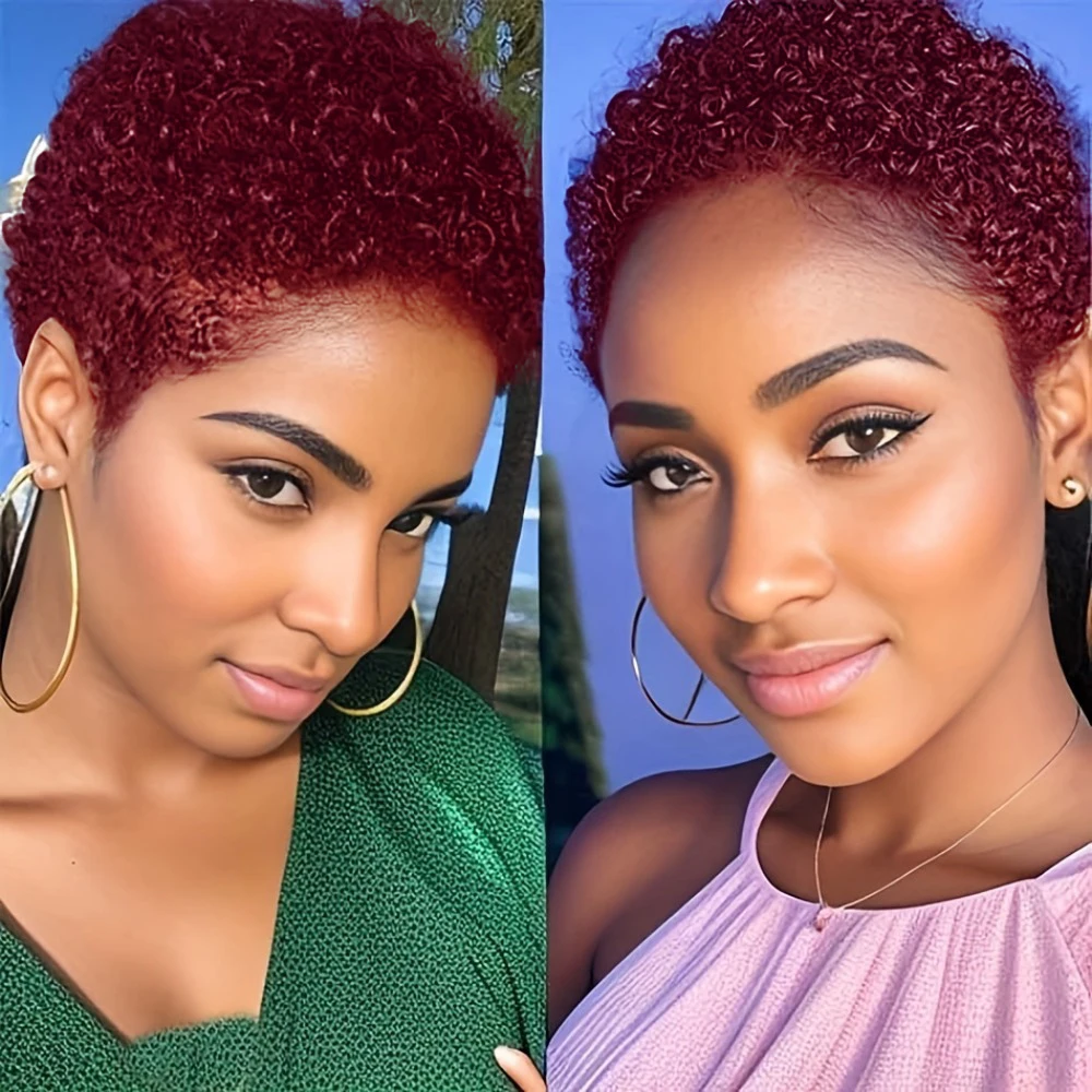 

Jerry Curly Human Hair Wigs for Women Short Pixie Afro Kinky Curly Wig 27# 99J 30# Colored Machine Made Wig