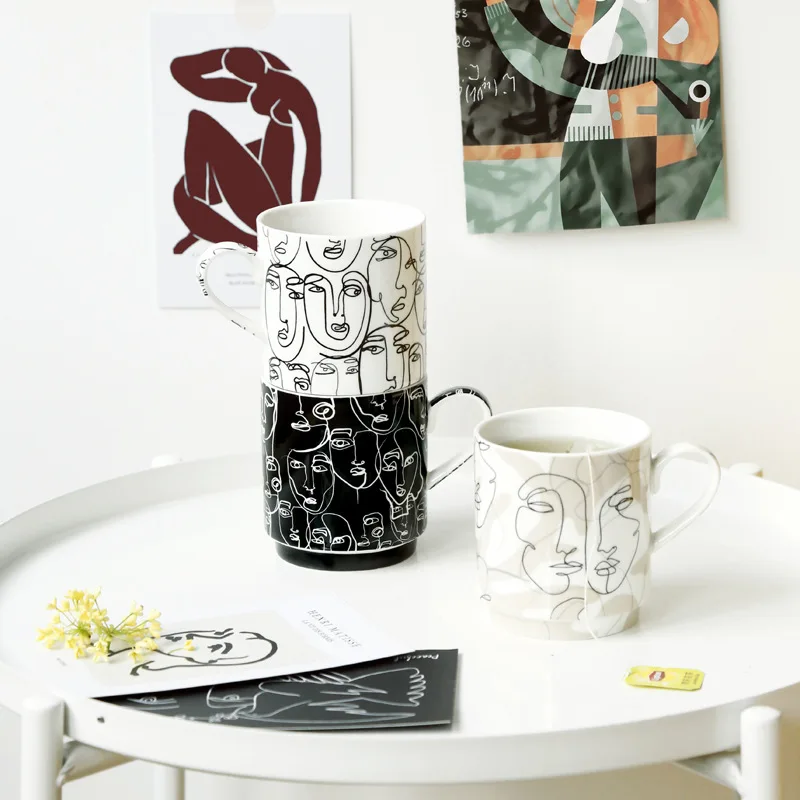 Nordic Cold Wind Low Bone China Abstract Art Ceramic Small Mug Ceramic Coffee Milk Stacked Cup 3 Pcs