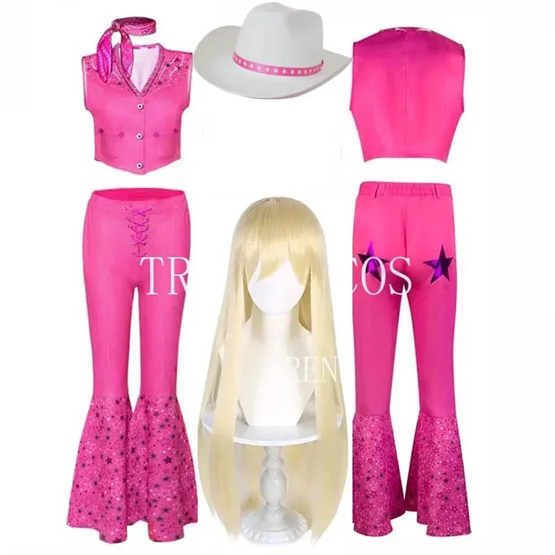 Barbi Princess Cosplay Costume Margot Robbie Pink outfits Barbiee Suit  Halloween Disguise Barbi Pink Suit Scarf Hat for Comic