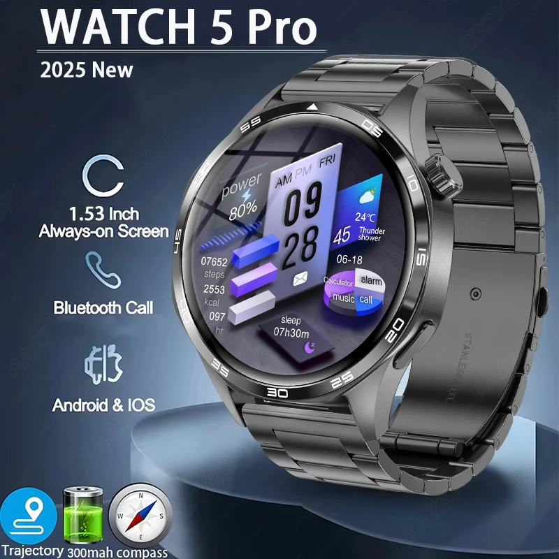 

2025 Новинка для Huawei Смарт-часы Мужские часы 5 Pro AMOLED HD Экран Bluetooth Вызов NFC Мониторинг здоровья GPS-трекер Смарт-часы Мужчины