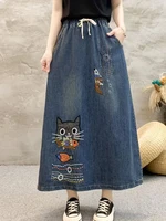 Amax luluE 2024 Cartoon Embroidery Spring Females Denim Skirts Fashion Vintage Vestidos Casual Classic Elastic Ladies Streetwear - Image 2