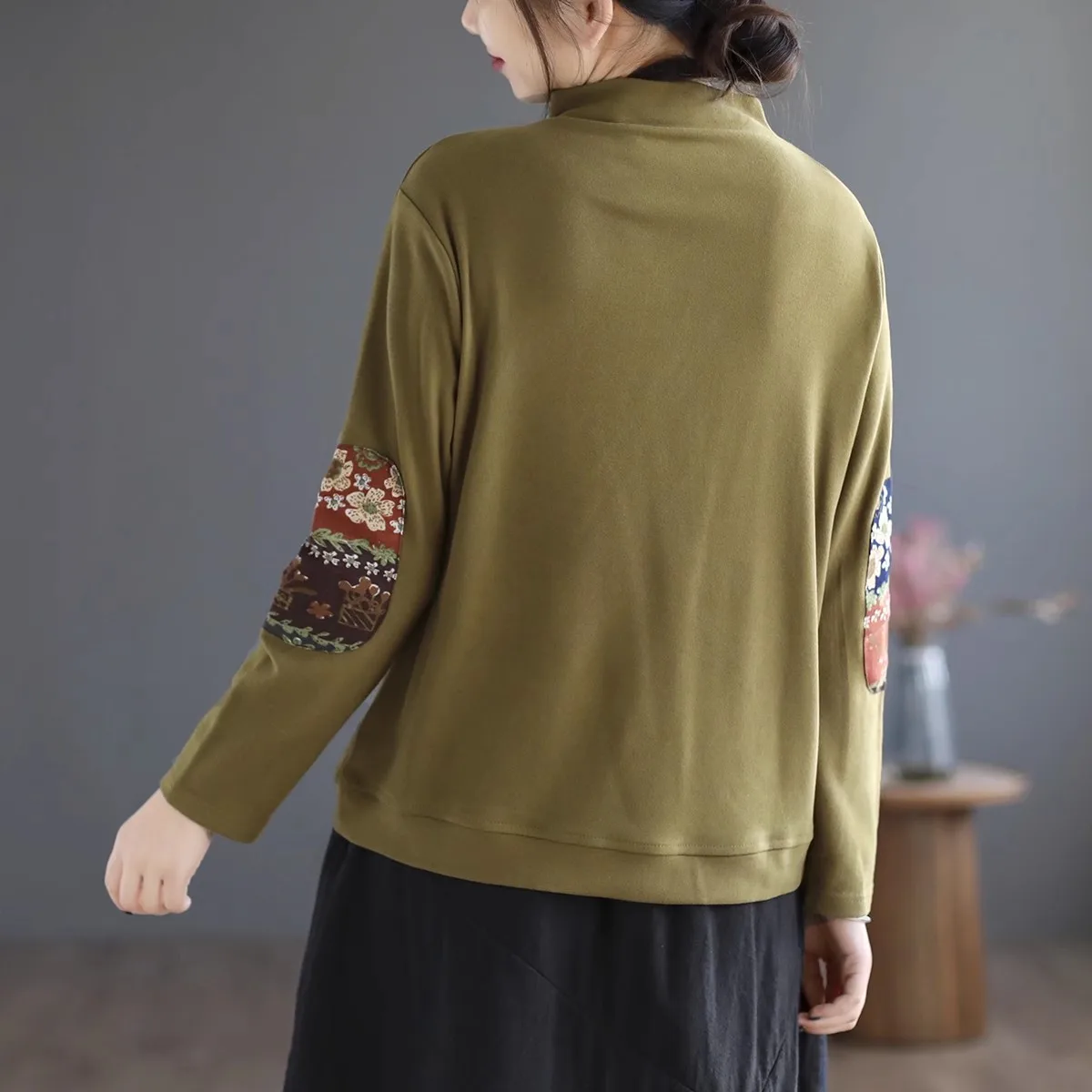 Retro Gespleißt doppelseitige Samt Lose Lange Sve Stehkragen T-shirt frauen Herbst Winter plus Größe Abnehmen Trendy top