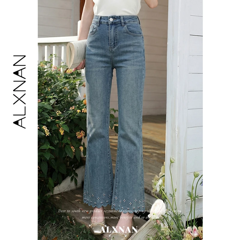 ALXNAN Flare Jeans High Waist Blue Washed Summer Cropped Length Slim Fit Korean Casual Daily Women Denim Pants 2026 New L65871A