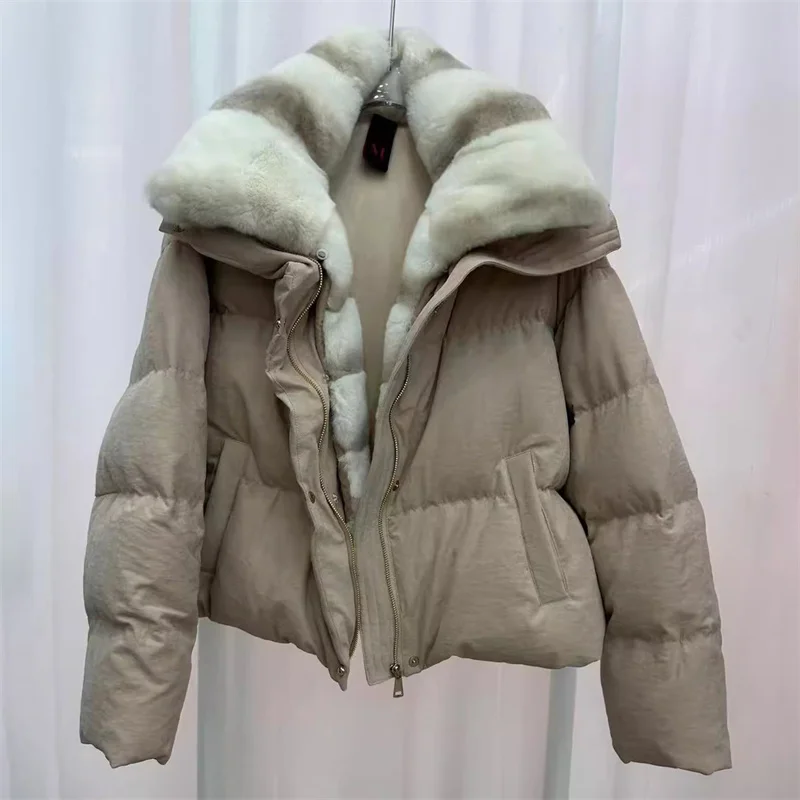 Chaqueta de invierno para mujer, chaqueta de plumón con cuello de piel de conejo desmontable, abrigo grueso y cálido relleno de plumón de pato blanco 90 y2k, novedad de 2025