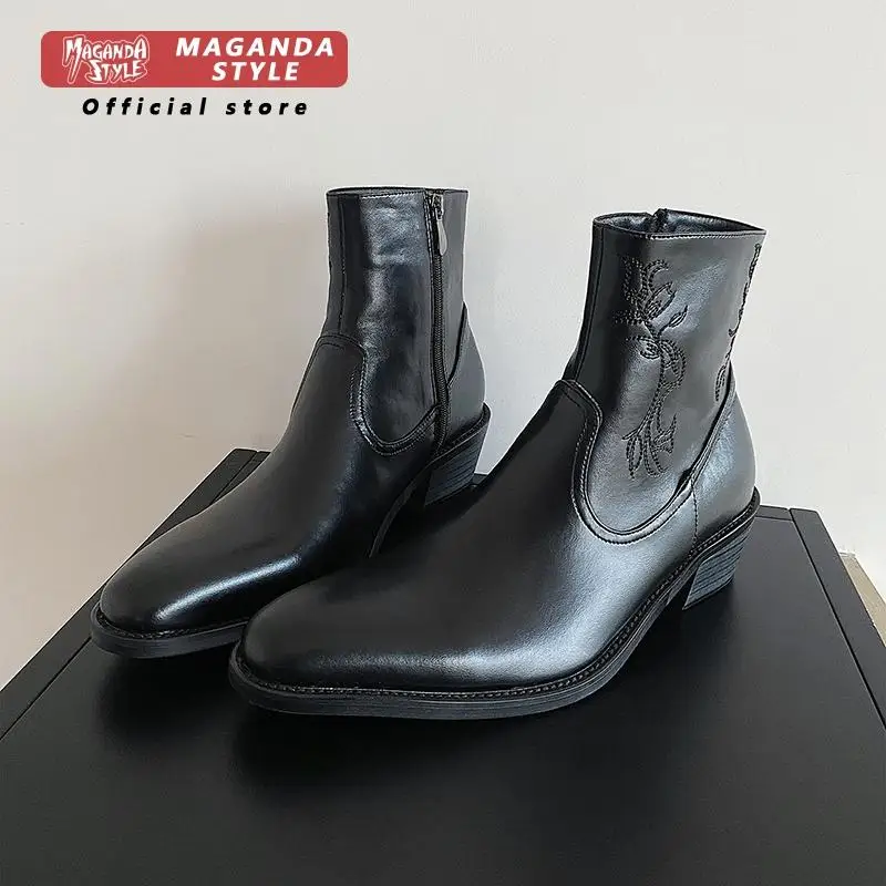 Embroidered short leather boots for men and women trendy European and American styles couple style retro high top Chelsea boots